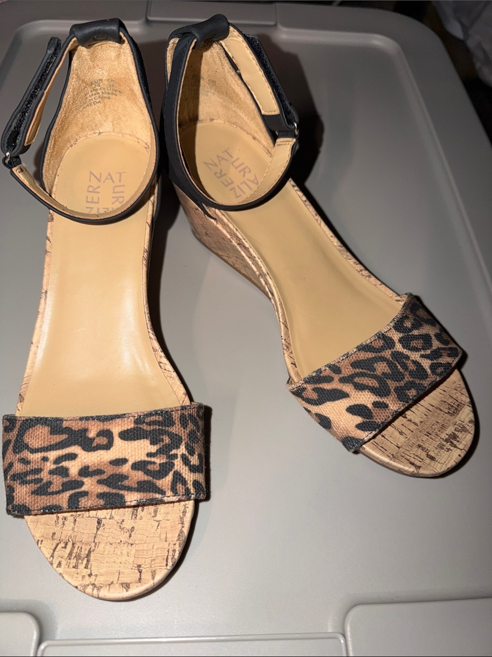 Naturalizer Leopard Print Cork Wedge Sandals with Black Ankle Strap